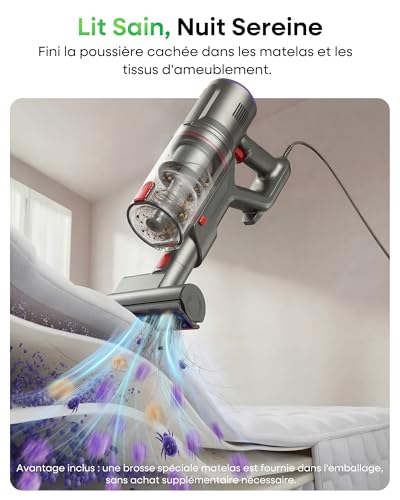 FV2 Aspirateur Balai avec Fil, 65Kpa/600W Aspirateur sans Sac Puissant, Brosse Matelas, 1,3KG Léger, Câble 7M, 1,5L, Brosse Anti-Enroulement & Autoportante pour Tapis, Sols, Poils d’Animaux
