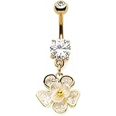 14GA Gold Plated 316L Stainless Steel CZ Crystal Flower Dangling Belly Button Ring