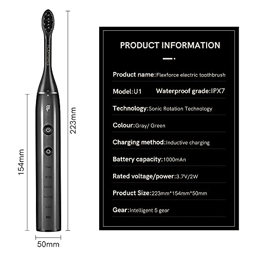 Electric Toothbrush, Sonic Rotation for Adults with 4 Brush Heads with Dupont Bristles, 1 Travel Case, 1 Dental Floss, 2 Minute Timer, Wireless Rechargeable Battery 1000mAh Lasts for 30 Days, Gray U1B