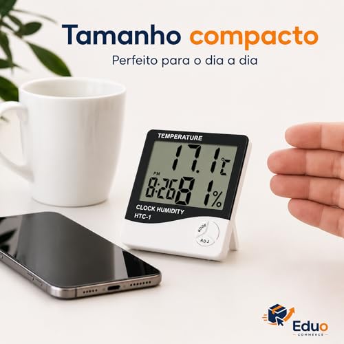 Termômetro Higrômetro Digital HTC-1 — Medidor de Temperatura e Umidade com Relógio, Alarme e Memória Máx/Mín | Display LCD Grande para Casa, Escritório, Quarto de Bebê e Estufa