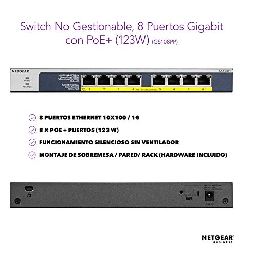 Netgear-GS108PP-Switch-Gigabit-con-8-Puertos-PoE-Switch-ethernet-PoE-de-123W-actualizable-Switch-PoE-Montaje-sobremesa-o-Bastidor-Caja-de-Metal