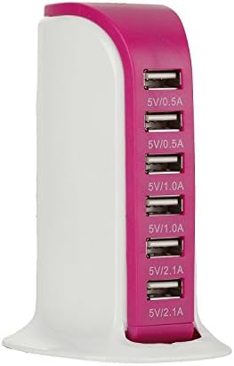 USB Charger 6 Port 3 Feet Cord Socket, Universal 6A 30W Portable Hub Desktop Wall Charging Multi Ports Rapid Adapter Vertical Station (Rose)