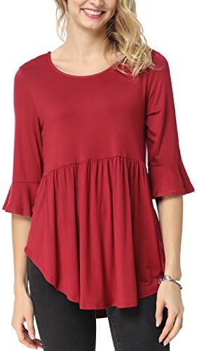 Bauihr Womens Tunic Tops 3/4 Ruffle Detailed Sleeve T Shirt For Women Scoop Neck Basic Blouses