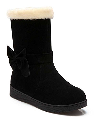 CHFSO Women's Winter Stylish Solid Bow Round Toe Low Heel Platform Boots Black 4.5 B(M) US