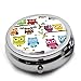 Round Stainless Steel Pill Box Case - Cute Cartoon Owl- Pocket 2 inches Medicine Tablet Holder Organizer Case for Purse - Compact 3 Compartment