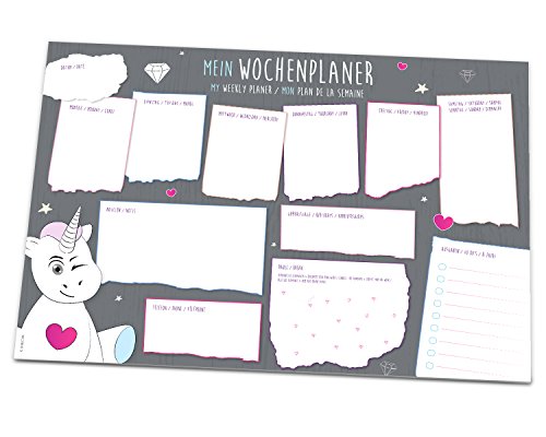 BE UNICORN | Cool A3 desk mat in UNICORN DDESIGN | 25 tear-off sheets | paper (42 x 29.7 cm) for children and adults | with monthly planner, to-do list, paiting game, memo fields | in 3 languages (English - German - French)