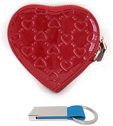 T&amp;D Women's Genuine Leather Heart Design Coin Pouch With Keychain (Red)