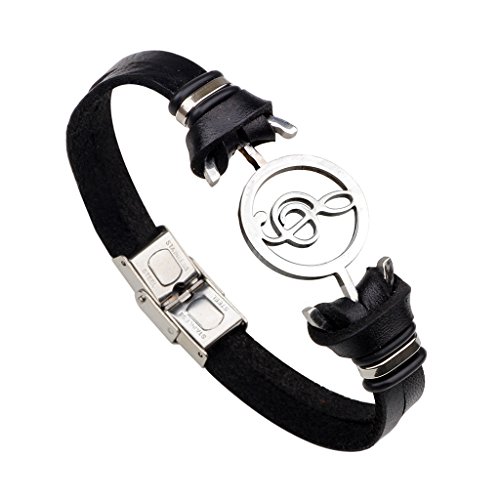 MORE FUN Vintage Stainless Steel Music Note Bracelet Cuff Leather Wristband with Metal Clasp