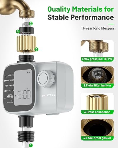 [2026 All-New] Water Timer, Unistyle Hose Timer for Sprinkler Irrigation, Brass Inlet, Automatic Watering System for lawn & Garden Plants, Auto/Manual/Delay Modes, Easy to Set up, Precise Control