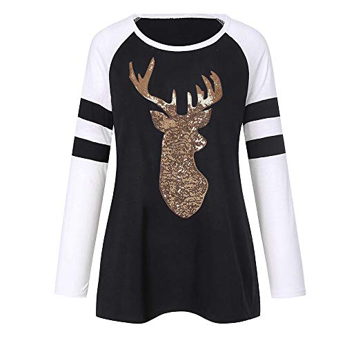 Womens Christmas Tops, Plaid Splice Hem Reindeer Elk Long Sleeve Tunic Blouse Sweatshirt Pullover ODGear - Thumbnail 2
