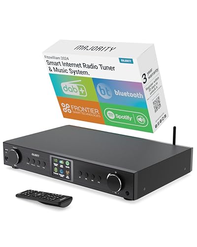 Radio Internet DAB FM WIFI Bluetooth |Tuner DAB pour Chaine Hifi avec Spotify Connect | Tuner HIFI avec Plus de 90 présélections, écran LED couleur | USB, AUX, RCA | Majority Fitzwilliam 2024 Noir | DAB+ Tuner for HiFi, FM, Color Display, USB, AUX, RCA, Optical and Coaxial, Remote Control, 90 Presets - Black
