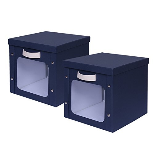 Storage Boxes, INLYF Cardboard Storage Bins with Lid and Handle, Strong Foldable Storage Basket Organizer for Office Nursery Bedroom Shelf, 2-Pack, Dark Blue