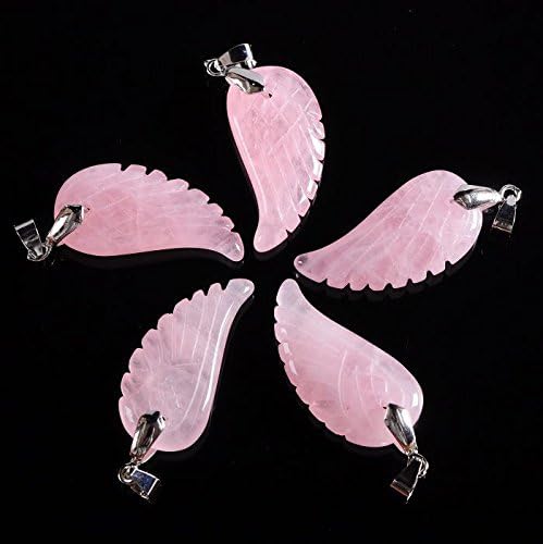Wholesale 5pcs 35mm Hand Carved rock crystal gemstone angel wing bead 1.4" (Rose quartz)