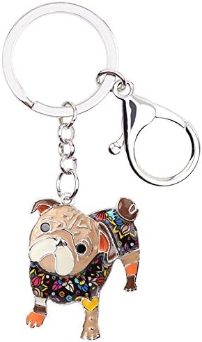 Bulldog Key Chain Pugdog Key Ring Pom Gift Women Girl Bag Pendant Charm Fashion (Brown)