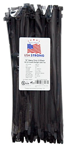 Heavy Duty Cable Ties. Large pliable Nylon Industrial Grade 120 LB Tensile Strength. Premium Zip Ties by USA Strong Products. Available in 100 Pack or Bulk Wholesale (12 Inch 100 Pack, UV Black)