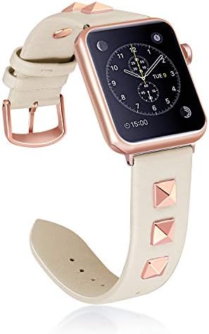 WHLIHUSU Leather Studded Band Compatible with Apple Watch Band 42mm 44mm M/L, Genuine Leather Bling Dressy Designer Replacement Bands Compatible with Watch Band Series 5 4 3 2 1, Beige