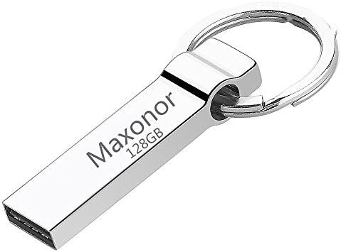 Maxonor USB 2.0 Flash Drive 128GB Metal with Key Ring - Silver (128GB)