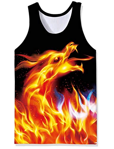 RAISEVERN 3D Print Dragon Sleeveless Tees Red Flame Tank Top for Mens Funny Beach Workout Surf Vest Black XL