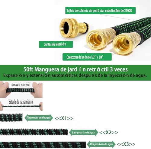 Expandable Garden Hose 15 Metres – Garden Hose Expandable Flexible with 10 Functions Spray Gun, 3/4 Inch and 1/2 Inch Connectors for Garden, Outdoors and Car Washing