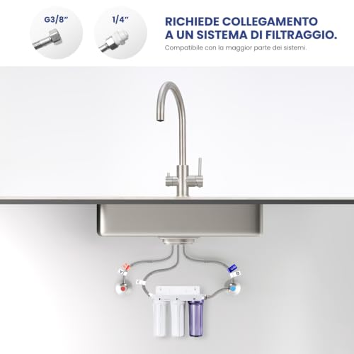 CECIPA Rubinetto Lavello Cucina, Rubinetto Filtro Acqua 3 Vie, 2 Maniglie | Miscelatore Osmosi Cucina per Depuratore, Girevole a 360°, Acqua Calda e Fredda, Acciaio Inox, Spazzolato