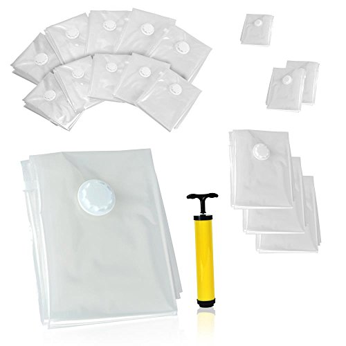 Premium Vacuum Storage Bags Bundle with Hand Vacuum Pump | Easy to Use, Reusable, 6 Sizes, Zippered Plastic Space Saver Bags for Storage, Travel & Closet Organization (15 PC Value Pack)