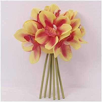 JJETEB Cymbidium 6 Heads Short Shoot Table Decoration Flower Diy Wedding Bride Hand Flowers Home Decor Artificial Orchid,Yellow Red