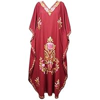 Mogul Interior Womens Caftan Maxi Dress Maroon Embroidered Kaftan Dress One Size