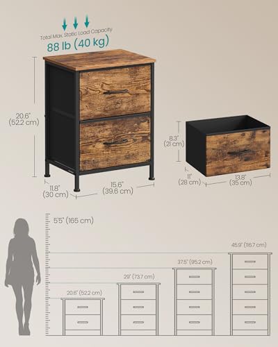 SONGMICS BELLAH Collection - Bedside Table with 2 Drawers, Side End Tables, for Bedroom, Steel, Set of 2, Industrial, Rustic Brown and Ink Black LGS112KD01