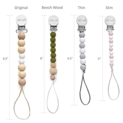 Modern Pacifier Clip for Baby - 100% BPA Free Silicone Beads (Soft Grey Wood) Binky Holder for Newborn - Infant Baby Shower Gift - Universal fit MAM - Philips Avent