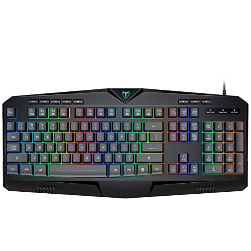 PICTEK RGB Gaming Keyboard USB Wired Keyboard, Crater Architecture Backlit Computer Keyboard with 8 Independent Multimedia Keys, 25 Keys Anti-ghosting, Splash-Proof, Ideal for PC/Mac Game, Black