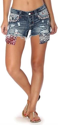 Grace in LA Extended Size Easy Fit American Flag &amp; Star Medium Wash Shorts EH-61241 (34)