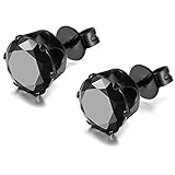 FIBO STEEL Stainless Steel Mens Womens Stud Earrings Black Round Cubic Zirconia Inlaid, 3mm-8mm Available
