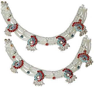 Silver Plated Multicolor Designer Ghungroo 2piece Anklet Set TA53