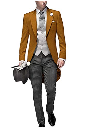 JYDress Mens Tail Tuxedo 3 Pieces Tailcoat Suit Gray Groom Tuxedos Wedding Suit