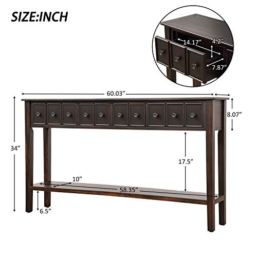 60 inch Long Sofa Console Table,JULYFOX 10 inch Slim Hallway Table with Storage Drawers and Shelf Solid Wood Rustic Entryway Table Heavy Duty for Living Room Office Bar-Black