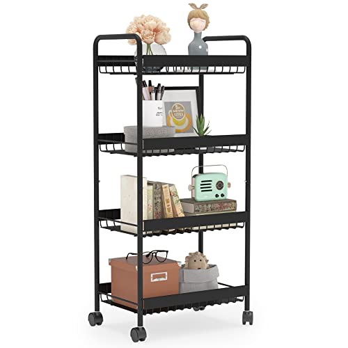 4Tier Rolling Cart, Metal Storage Cart, Utility Cart with Wheels