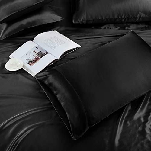 TREELY 6 Piece Satin Sheets Full Size Silky Smooth Black Satin Sheet Set with Deep Pocket, Satin