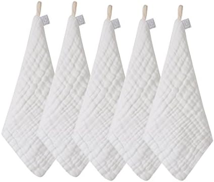 Newborn Baby Organics Washcloths Infant Handkerchief Bib Pure Cotton Gauze Muslin Square Bath Towels Breathable Reusable Saliva Wipe (5-Pack White)