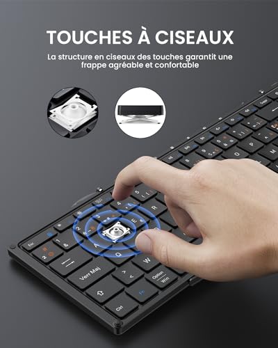 ProtoArc XK01 Foldable Bluetooth Keyboard, AZERTY Portable Wireless Keyboard with Numeric Keypad, Full-Size Rechargeable Folding Keyboard for Android Windows iOS Phone Tablet iPad
