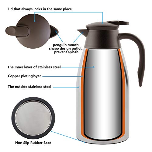 TOMAKEIT Stainless Steel Coffee Thermal Carafe - 2 Litre Double Walled Insulated Vacuum Flask - 24 Hour Heat Retention 68 Oz for Coffee or Tea(Sliver) - Thumbnail 3