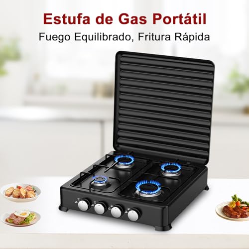 Parrilla de Gas 4 Quemadores, Estufa de Sobreponer Recubrimiento en Polvo Sobre Chapa Metálica con Tapa Rejilla Cuadrada para Ollas Perilla PP Estufa de Mesa para Gas LP Cocina Camping 47.8*47.8*6cm