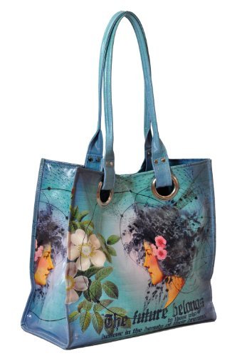 Papaya Art Blue Future Beauty Luxe Oil Cloth Vegan Blue Tote Handbag Purse