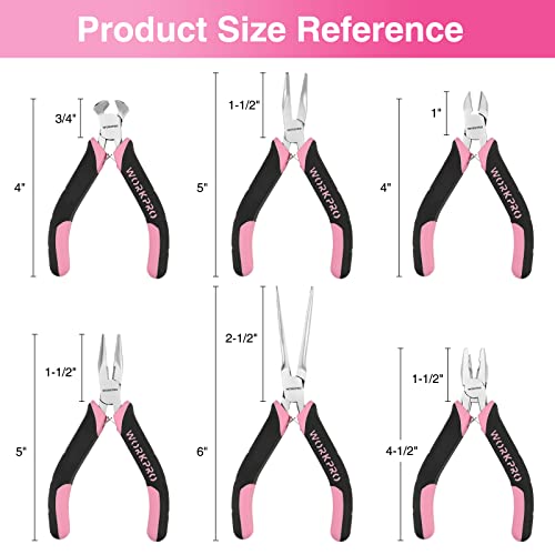 WORKPRO 6-Piece Mini Pliers Set, Needle Nose, Long Nose, Bent Nose, Diagonal, End Cutting and Linesman, for Crafts Work, Electronic Repair, with Pink Pouch