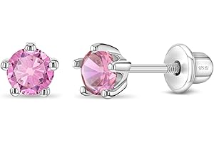 In Season Jewelry Solitaire Simulated Birthstone Kids Earrings - 925 Sterling Silver Hypoallergenic Earrings for Girls with Secure Screw Backs - Safe & Comfortable for Kids & Little Girls