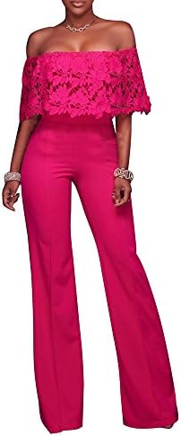 FairBeauty Women Casual Sexy Off Shoulder High Waist Long Pant Wide Leg Ruffle Party Lace Jumpsuits Rompers