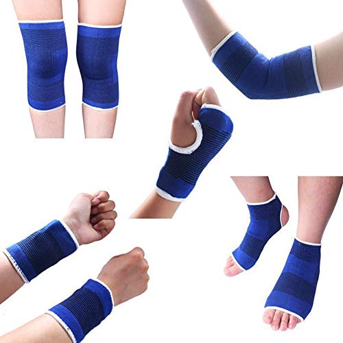 MINILUJIA Sport Protect Set 5 Pair/Set (Knee Brace Elbow Brace Pad Hand Half Palm Protection Gloves Children Sports Foot Ankle Brace Support Wrist Guard Pad) One Size -High Elasticity Blue