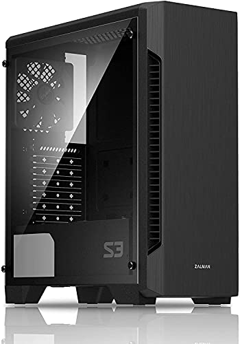 Zalman S3 TG – ATX Mid-Tower-Computer-PC-Gehäuse – Seitenwand aus gehärtetem Glas – 3 x 120 mm Gehäuselüfter vorinstalliert, Schwarz