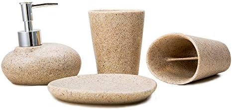 Advanced Resin Simple Modern Bathroom Accessory Set, Matte Texture, Full Set Includes 1 Tumbler, 1 Toothbrush Holder, 1 soap Dish and 1 Soap Dispenser (Beige(Pie))