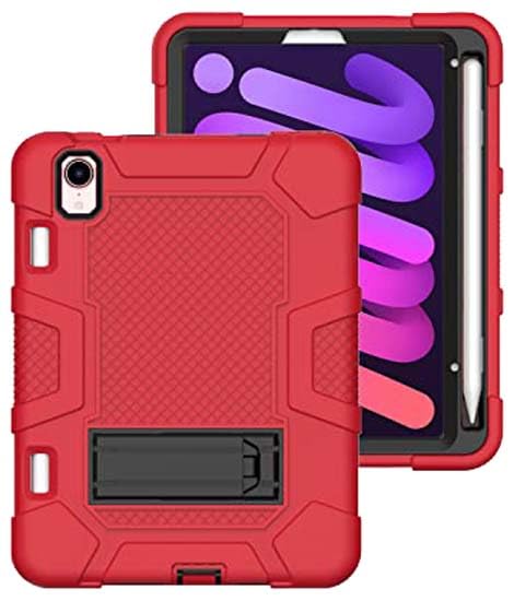 iPad mini6 2021 Case with Stand, Heavy Duty Shockproof Hard Hybrid Triple Layer Protective Case Softshell Apple Tablet Silicone Case (Red+Black)