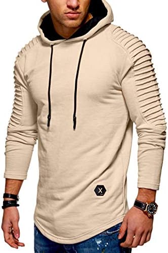 KENANCY Mens Pullover Hoodie Solid Pleat Hem Curved Long Fleece Sweatshirt